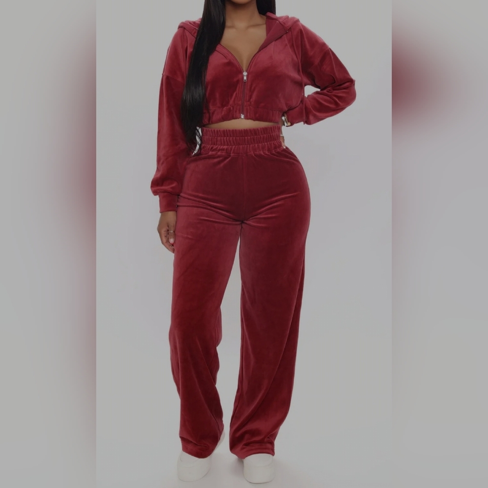 Fashion Nova Velour Crop Jacket And Pant Set Burgundy Womens Size Small